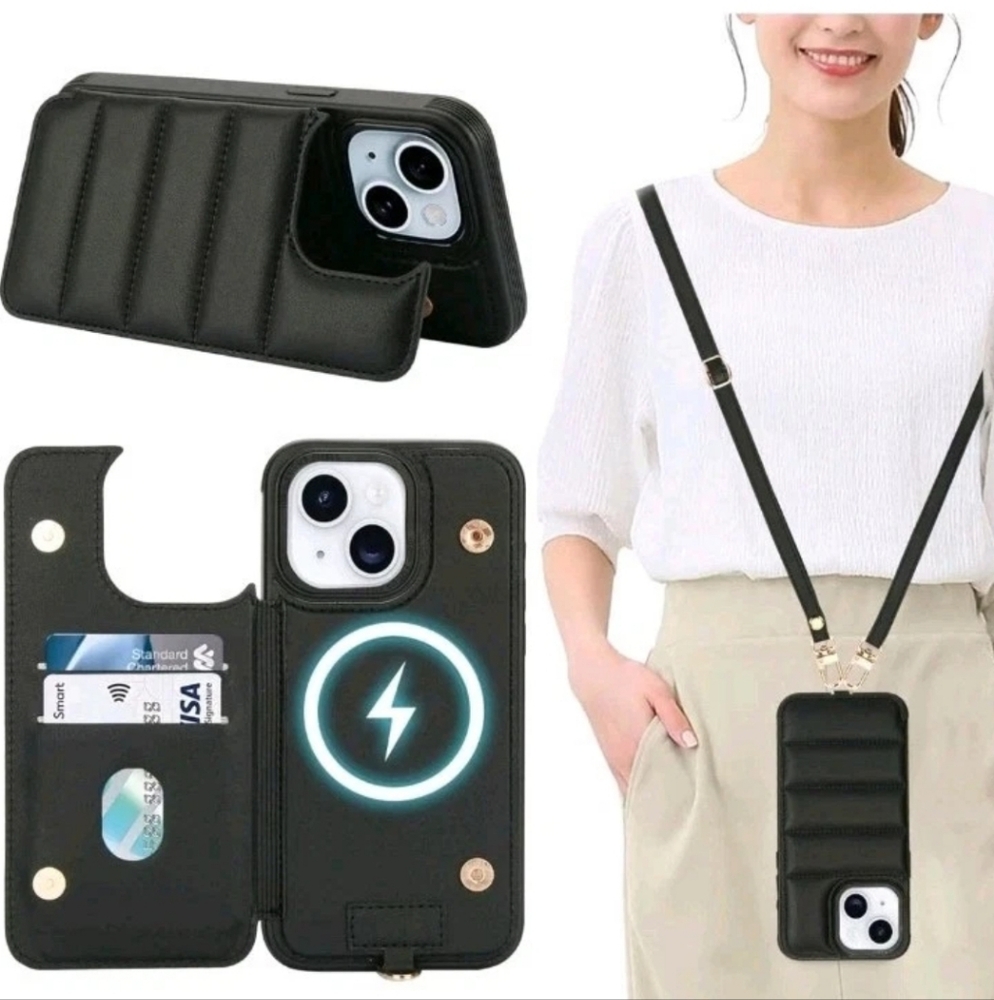 Case for iPhone Crossbody Strap Flip Leather Wallet Case‎ Black